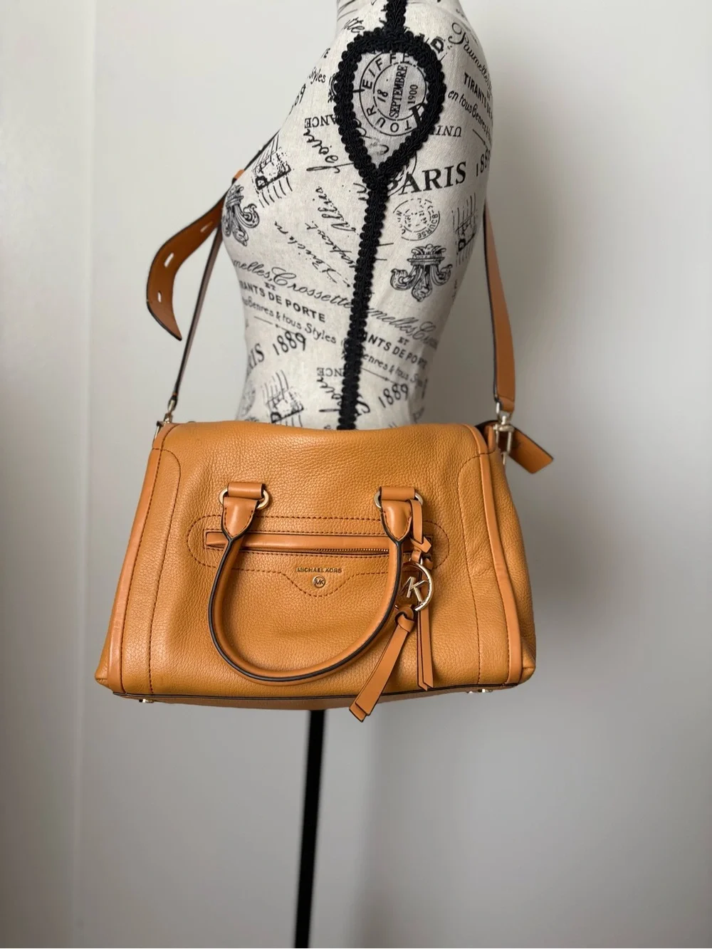 Michael Kors Carine Pebbled Leather Satchel in Tan Brown